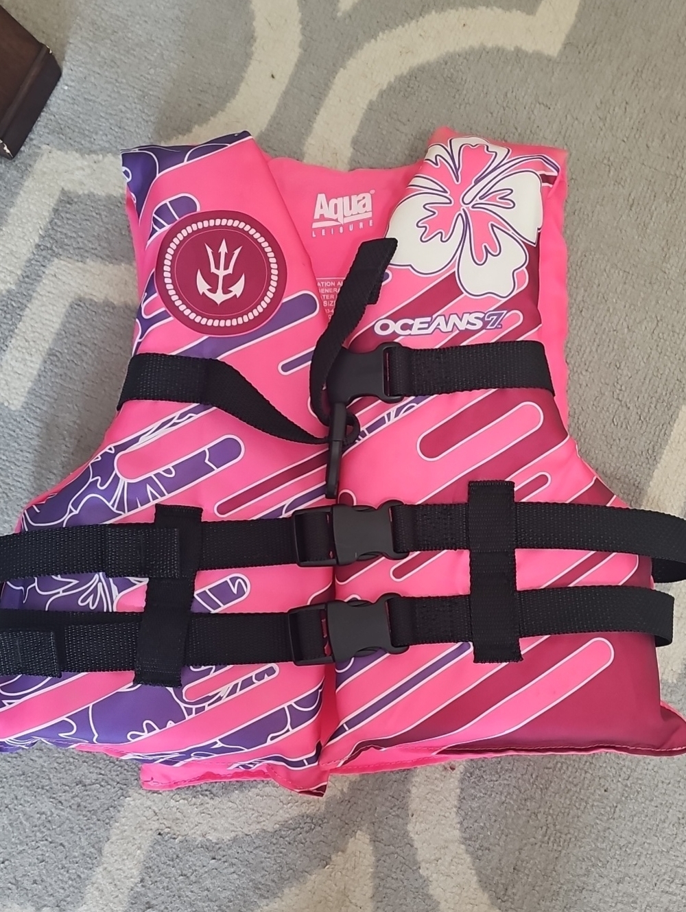 Aqua Leisure Oceans 7 Pink & Purple Kids Life Jacket Size 10/12